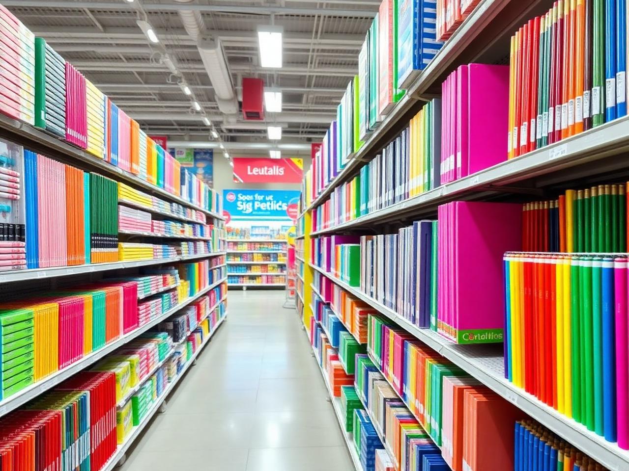 Corredor de papelaria com cadernos, lápis e materiais escolares